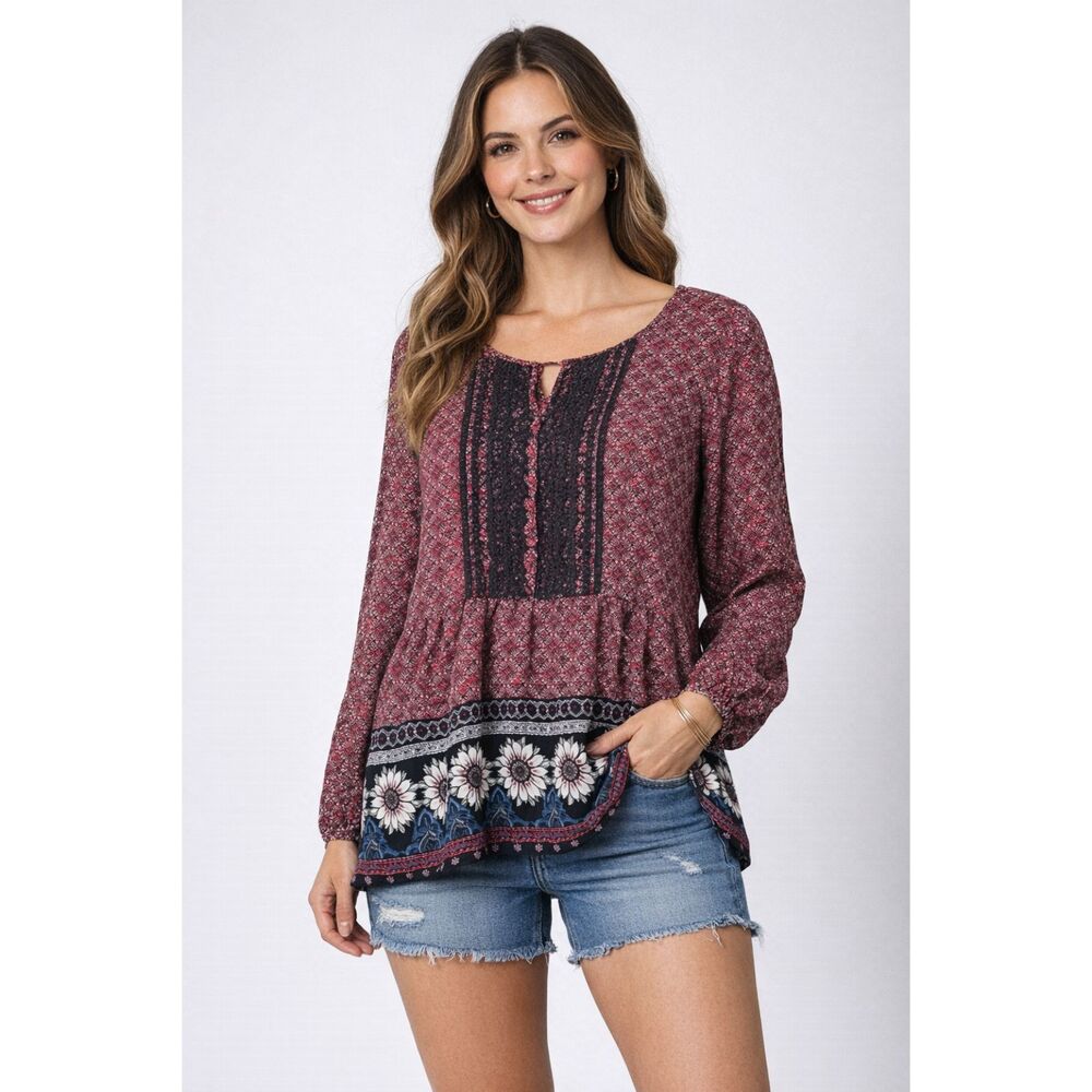 NY Collection Boho Peasant Top Womens L Red Black Lace Long Sleeve Floral Blouse